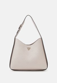 Borsa a tracolla in pelle bianca con motivo logo in rilievo, forma curva, tracolla regolabile e accessori triangolari in oro.