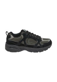 Baskets de sport noires avec des accents en maille grise et en daim, dotées d'une semelle en caoutchouc robuste et d'un col rembourré pour plus de confort.