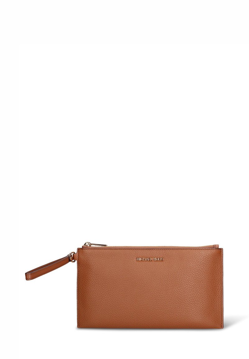 Brown leather pouch with a textured finish, gold-tone zipper, and wrist strap. Features a subtle logo embossed on the front.