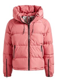 Dikke roze winterjas met een grote capuchon, voorzien van een rits aan de voorkant, twee zijzakken en elastische manchetten voor warmte en comfort.