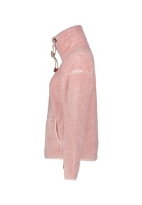 Giacca in pile di un morbido rosa, con colletto alto, tasche laterali e lacci bianchi con dettagli marroni. Superficie texturizzata con una sensazione di morbidezza.