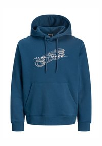 Μπλε φούτερ με κουκούλα, φτιαγμένο από μαλακό ύφασμα, με μπροστινή τσέπη και λευκό γραφικό κείμενο στο στήθος. Ριμπ στεφάνες και τελείωμα.