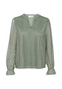 Blusa verde chiaro con maniche lunghe e trasparenti; presenta un motivo a diamante testurizzato e una scollatura a V. I polsini svasati completano il design.