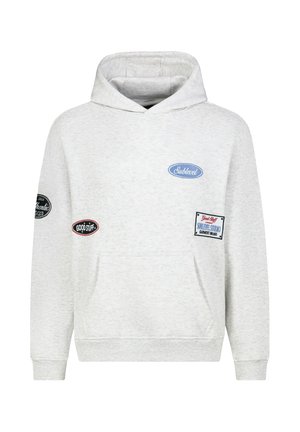 Lichtgrijze capuchontrui met voorzak en geborduurde logo's met de tekst "Sublevel", "Good Stuff" en "Authentic Jeans Club".