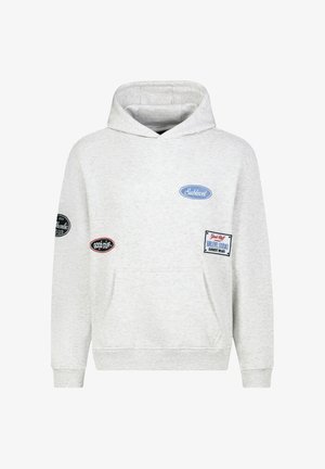 Lichtgrijze capuchontrui met voorzak en geborduurde logo's met de tekst "Sublevel", "Good Stuff" en "Authentic Jeans Club".
