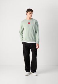 Giovane uomo che indossa un maglione verde menta con logo rosso, pantaloni cargo neri e scarpe da ginnastica bianche, in piedi davanti a uno sfondo bianco uniforme.