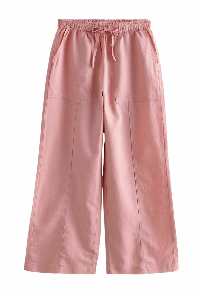 Lichtroze wijde broek met een elastische tailleband met trekkoord, twee zijzakken en een soepele, gestructureerde stof.