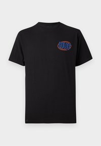 Sort bomulds T-shirt med rund halsudskæring. Har et blåt og rødt "HUF" logo på venstre bryst. Kortærmet, afslappet pasform, glat tekstur.