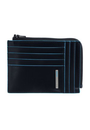 Black leather wallet with blue stitching, features multiple card slots and a zippered compartment, rectangular shape, smooth texture.
