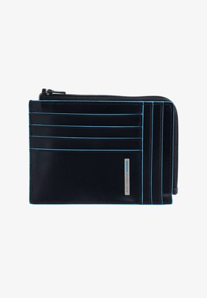 Schwarze Ledergeldbörse mit blauen Nähten, verfügt über mehrere Kartenfächer und ein Reißverschlussfach, rechteckige Form, glatte Textur.