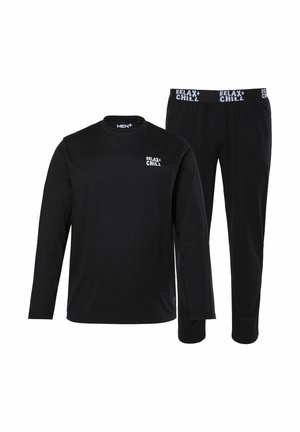 Schwarzes Langarm-Pyjama-Set mit dem Text "RELAX + CHILL" auf der Brust und dem Bund, runder Halsausschnitt und elastische Hose.