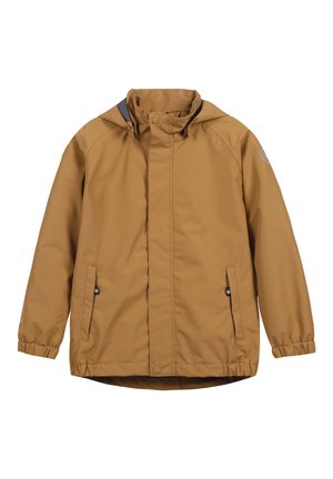 Giacca marrone impermeabile con zip frontale, cappuccio staccabile, polsini elastici e tasche laterali. Texture liscia con accenti minimi.