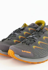 Graue Trailschuhe mit orangefarbenen Akzenten und grünen Mustern. Mit einem Mesh-Obermaterial, einem Schnürsystem mit Lock-Funktion und einer robusten Sohle für besten Halt.