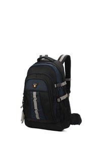 Zaino nero e blu con spallacci grigi regolabili, più scomparti con zip e una tasca laterale in rete. Tessuto solido e resistente.