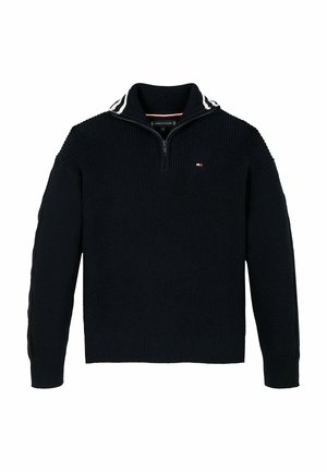 Czarny dziergany sweter z półzamkiem, prążkowaną fakturą, paskowanym kołnierzem i małym logo Tommy Hilfiger na piersi.