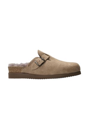 Sabot beige en cuir suédé à enfiler avec doublure en polaire, bride réglable avec boucle, semelle intermédiaire en liège et semelle en caoutchouc, adapté à une utilisation intérieure et extérieure.