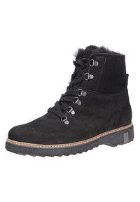 Bottines en daim noir avec un laçage sur le devant, œillets en métal, semelle en caoutchouc texturé et doublure en peluche sur le haut pour plus de chaleur.
