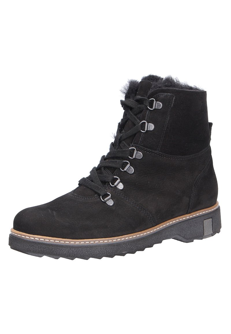 Bottines en daim noir avec un laçage sur le devant, œillets en métal, semelle en caoutchouc texturé et doublure en peluche sur le haut pour plus de chaleur.