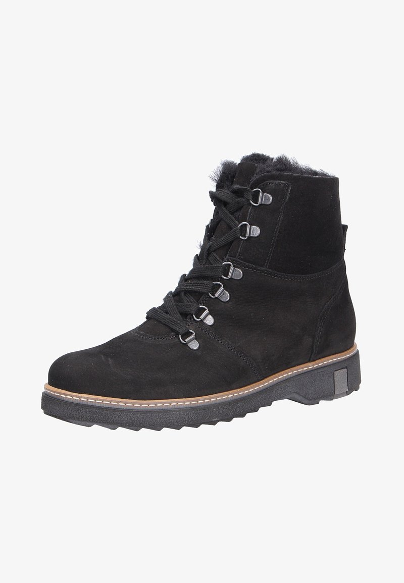 Stivaletti neri in suede con lacci sul davanti, occhielli in metallo, suola in gomma texturizzata e una fodera morbida nella parte superiore per un maggiore comfort.