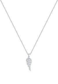 Collier en argent avec un pendentif en forme d'aile, orné de petites pierres transparentes, attaché à une fine chaîne.