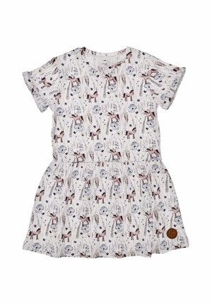 Weißes kurzärmeliges Kleid mit geraffter Taille, mit einem Muster aus braunen Pferden, grauen Blumen und Blättern, mit einem runden Lederpatch nahe dem Saum.