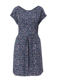 Robe fleurie à manches courtes, fond bleu marine, avec un motif floral dispersé en rose et blanc. Coupe évasée avec un détail froncé à la taille.