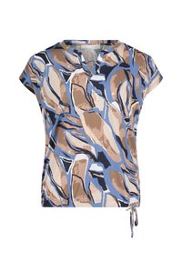 Top a maniche corte con un motivo astratto blu, beige e marrone, scollatura a V e un laccio regolabile all'orlo per una vestibilità personalizzabile.