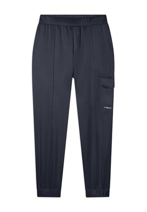 Pantaloni cargo elasticizzati blu navy realizzati in tessuto liscio, dotati di una tasca laterale e polsini affusolati. Design semplice e funzionale.