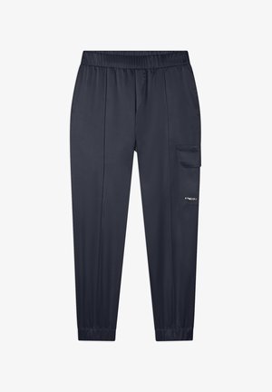 Pantalons cargo bleu marine à taille élastique en tissu lisse, dotés d'une poche latérale et de poignets fuselés. Design simple et fonctionnel.