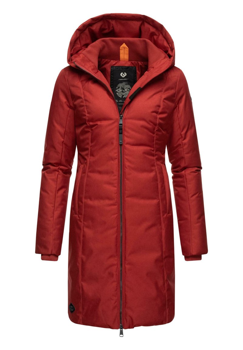 Red padded coat with a zip front, large hood, and long sleeves. Features textured fabric and subtle branding near the hem.