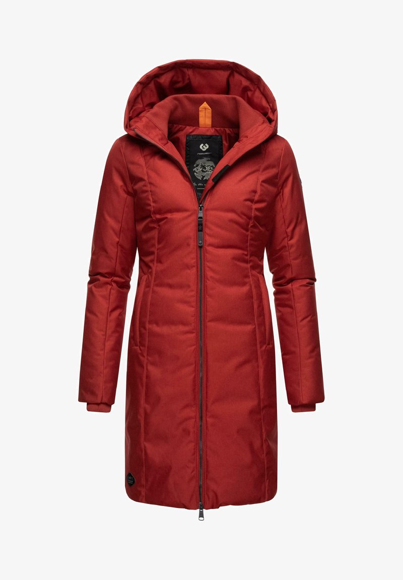 Red padded coat with a zip front, large hood, and long sleeves. Features textured fabric and subtle branding near the hem.