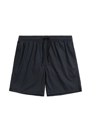 Czarne szorty kąpielowe z teksturowanej tkaniny, elastycznym pasem ze regulowanym sznurkiem i bocznymi kieszeniami.