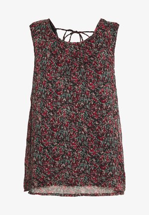 Blouse sans manches à imprimé floral multicolore en rouge, sarcelle et noir, avec un col rond agrémenté de bretelles croisées.