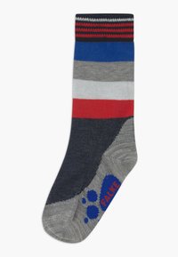 Bunte Socken mit horizontalen Streifen in Blau, Rot, Grau und Weiß. Mit einem Logo und einem Pfotenabdruck in Blau an der Ferse.