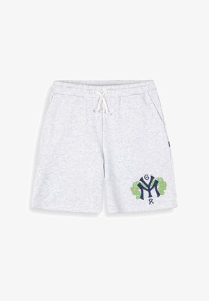 Gray cotton shorts with an elastic waistband and drawstring. The front features a blue embroidered graphic with green accents.