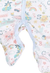 Baby onesie with light blue snap buttons, featuring colorful summer-themed prints like suns, rainbows, ice cream, and umbrellas.