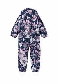 Floral-patterned snowsuit in navy, featuring pink and white flowers. Equipped with a hood, elastic cuffs, and boot straps. Made from water-resistant material.