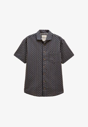 Marineblaues Hemd mit cremefarbenen vertikalen Kettenmuster-Streifen, braunen Knöpfen und einer Brusttasche auf der linken Seite.