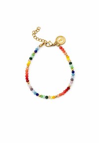 Bracciale colorato con perline, composto da perline sfaccettate multicolori, accenti dorati e un charm dorato. Include una chiusura sicura e una catena regolabile.