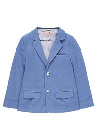 Hellblaues Blazer aus strukturiertem Stoff, mit zwei vorderen Taschen, einer kleinen Brusttasche und zwei Knopfverschlüssen. Futter im Inneren.
