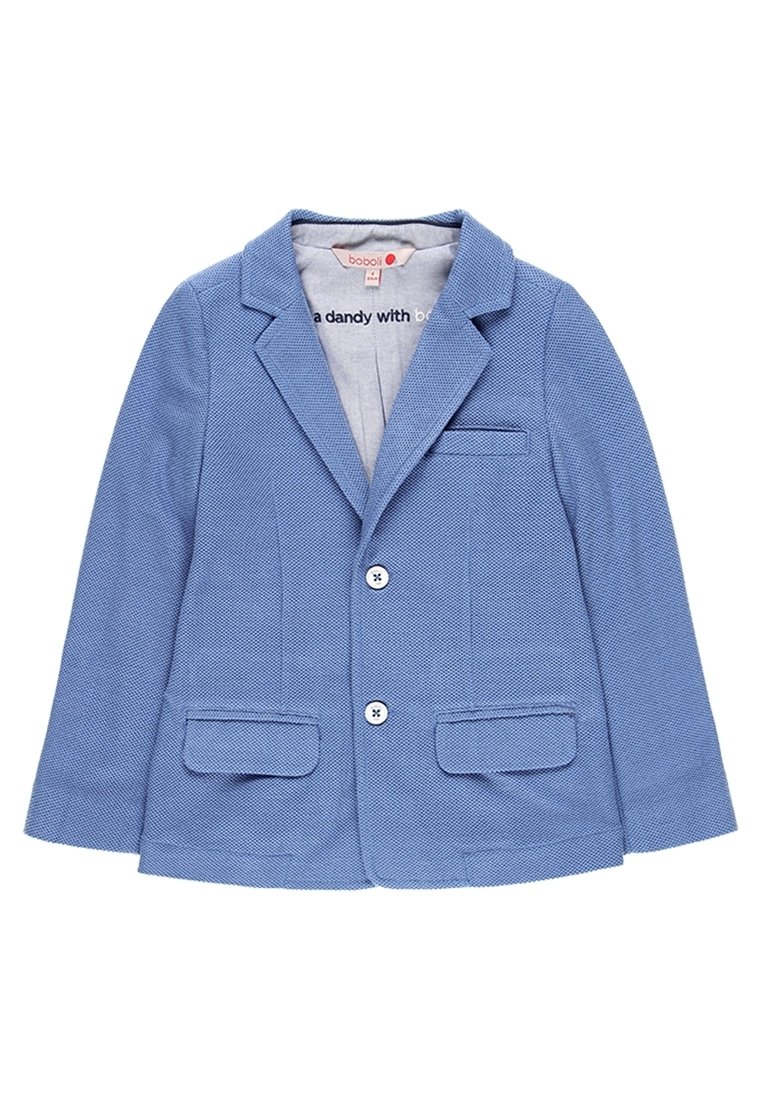Hellblaues Blazer aus strukturiertem Stoff, mit zwei vorderen Taschen, einer kleinen Brusttasche und zwei Knopfverschlüssen. Futter im Inneren.