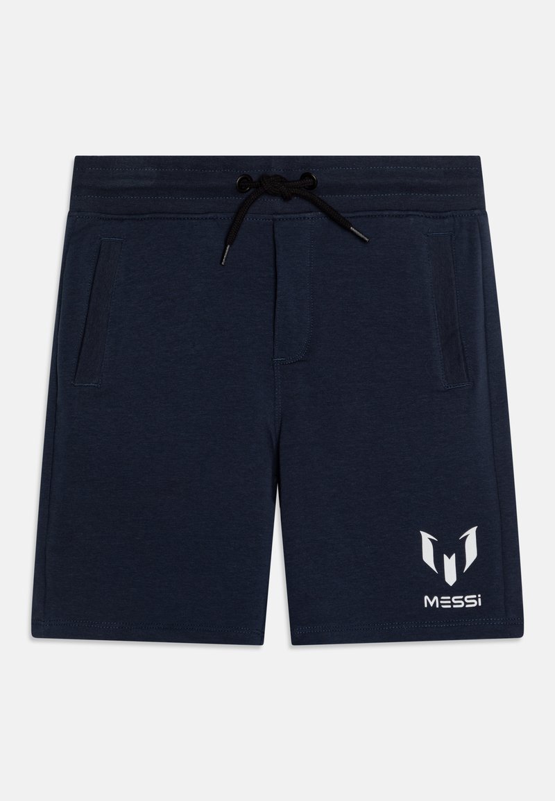Navy blue shorts made of soft fabric, featuring a drawstring waistband and two side pockets. White logo printed on the lower right leg.