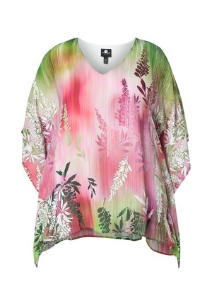 Lockere V-Ausschnitt-Bluse aus fließendem Stoff mit pink-grün-weißem Farbverlauf im Hintergrund und mehrfarbigen floralen Blattmustern.