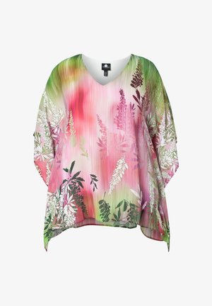 Blusa larga con scollo a V in tessuto fluido con sfondo sfumato rosa, verde e bianco e motivi floreali multicolore.