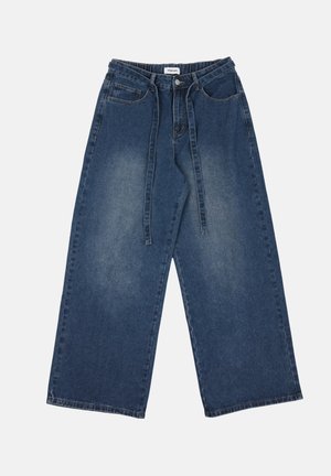 Lainelised sinised teksad, millel on pleekinud esikülg, esitaskud, vööaasad ja vöökohal seotud kangast rihm.