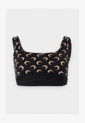 Μαύρο αθλητικό σουτιέν με μπεζ σχέδια σε σχήμα ημισελήνου και φαρδιές τιράντες, με μαύρη ελαστική ταινία στο κάτω μέρος.