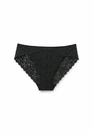Zwarte kant panty met bloemenpatronen, golvende randen en een semi-doorzichtige textuur. Ontworpen voor een aansluitende stijl met een elastische tailleband.