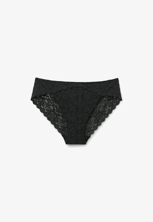 Zwarte kant panty met bloemenpatronen, golvende randen en een semi-doorzichtige textuur. Ontworpen voor een aansluitende stijl met een elastische tailleband.