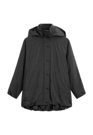 Zwarte gewatteerde jas met capuchon, knoopsluiting aan de voorkant en elastische manchetten. Glad oppervlak met een licht glanzende afwerking.
