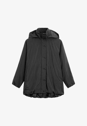 Giacca imbottita nera con cappuccio, chiusura frontale con bottoni e polsini elastici. Tessuto liscio con una finitura leggermente lucida.